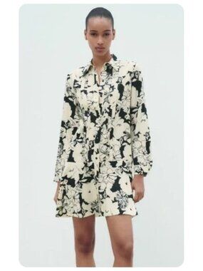 Zara Floral Long Sleeve Shirt Dress sz M